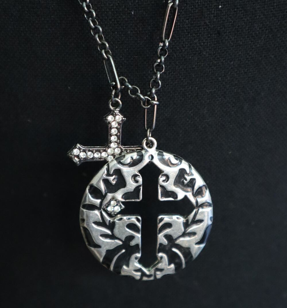 Vintage Y2K GUESS Cross Gunmetal Black Silver Long Necklace Rhinestone Charm